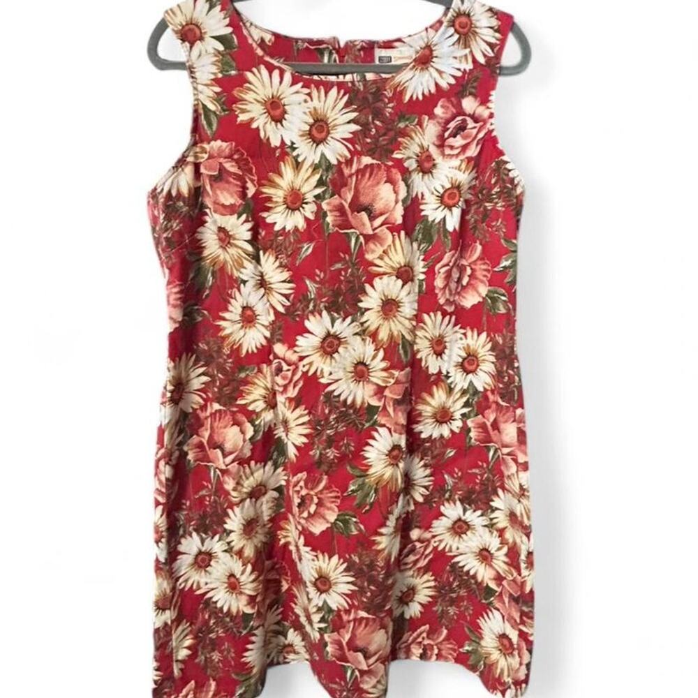 Large Vintage Y2K m brick red floral mini dress w daisies and roses